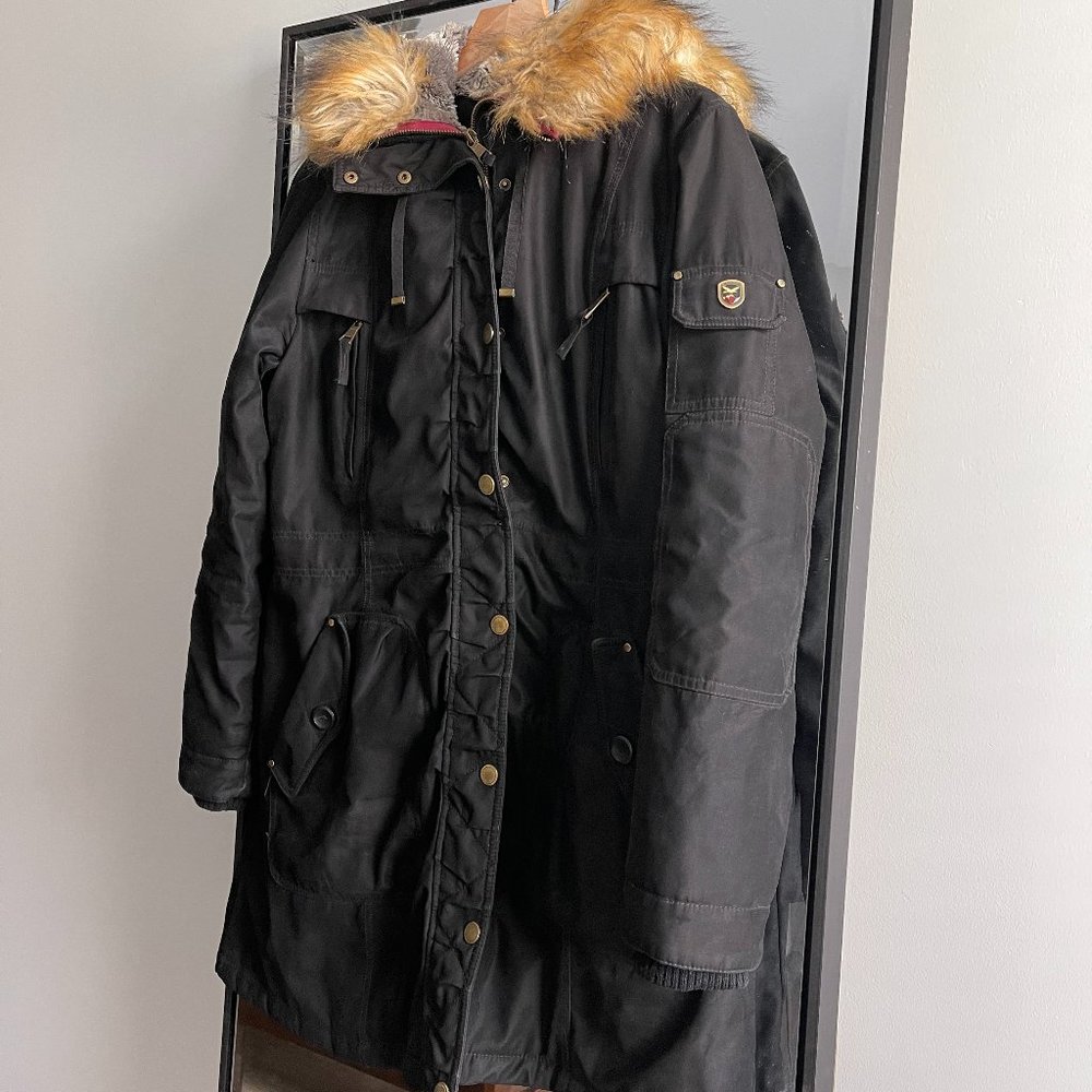 1 Madison expedition black faux fur lined long hooded coat jacket size large